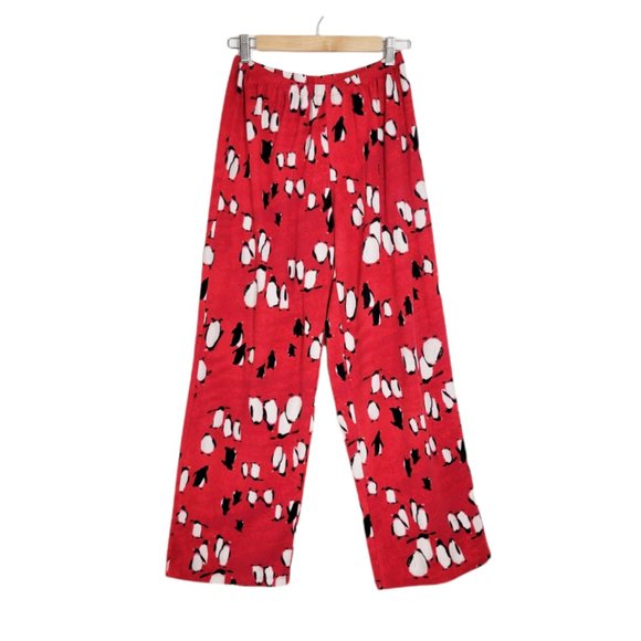 HUE PJ Pants Red Penguin Print Wide Leg Elastic Waist Warm Fleece PJ Lounge Pant - Picture 1 of 12